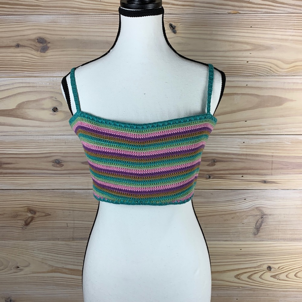 Show me your MuMu Crop Top Womens XL Teal Striped Crochet Knit Lace Up Cami Boho